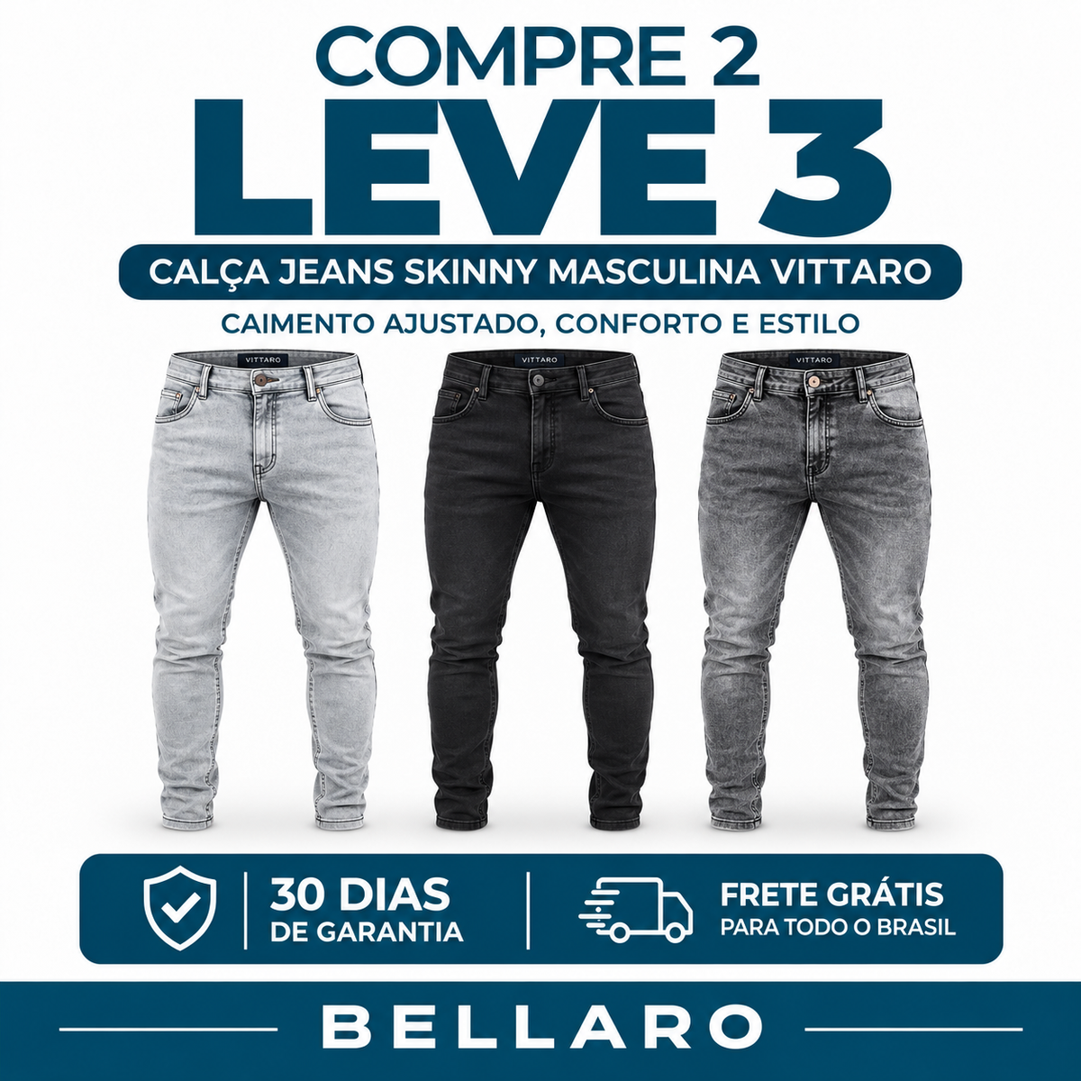 Compre 2 e Leve 3 | Calça Jeans Skinny Masculina Vittaro – Caimento Ajustado, Conforto e Estilo