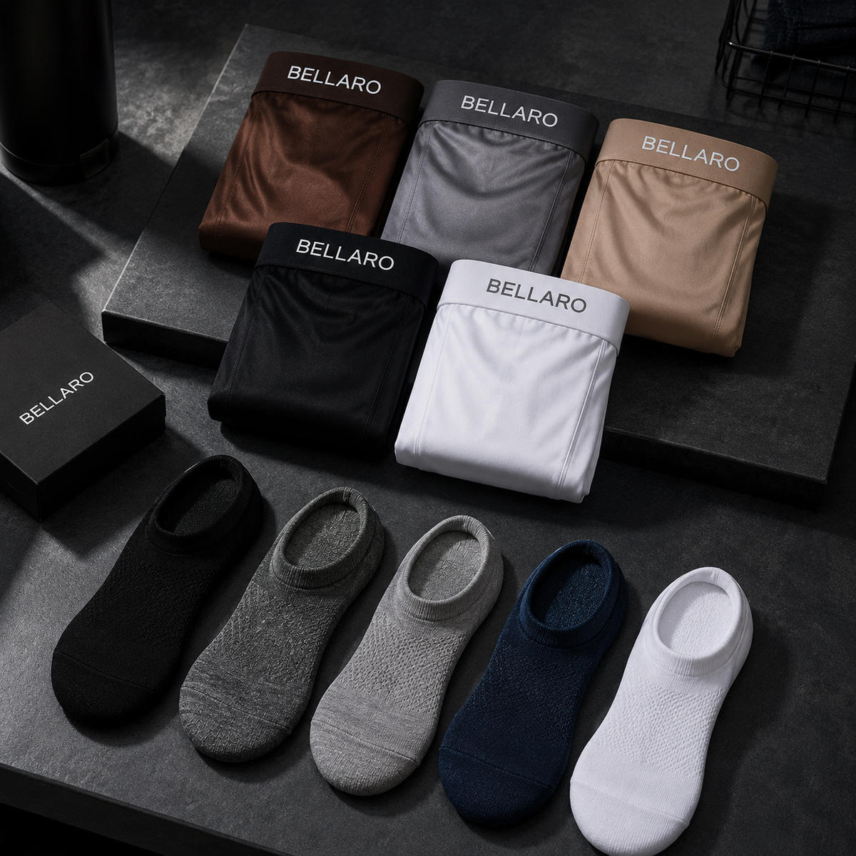 [Leve 10 e Pague 5] Kit Masculino Bellaro – 5 Cuecas Boxer Premium + 5 Pares de Meias
